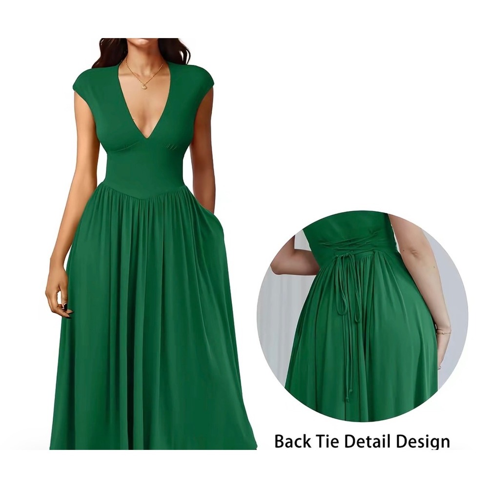 NWT OYS Size XXL Deep V Neck Cap Sleeve Pleated A Line Midi Dress Pocket Green